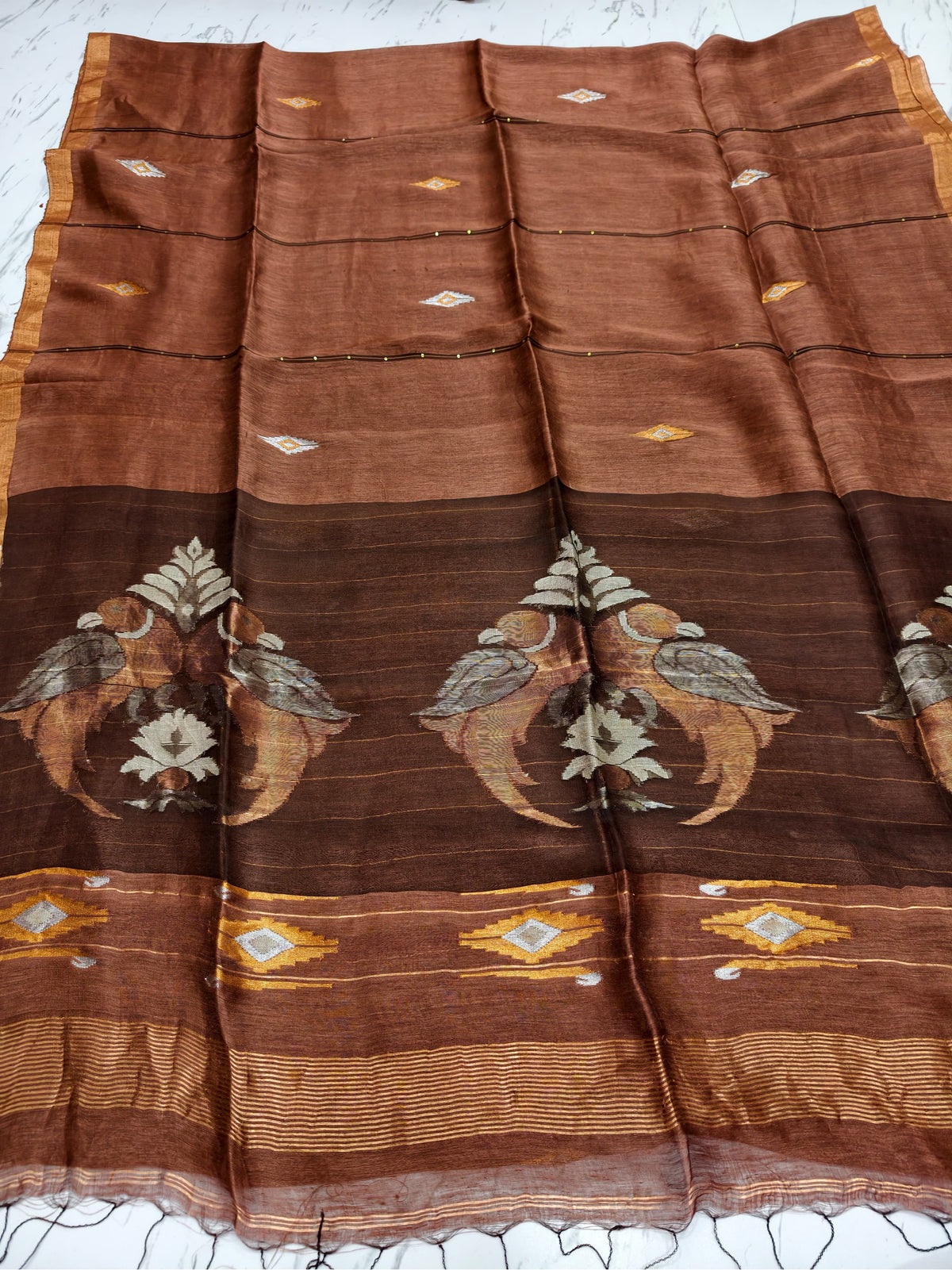 Moyna mustard Brown silk linen saree with Resham palla and intricate Meenakari Jamdani handwoven detailing with bird motiffs by Rihyaaz