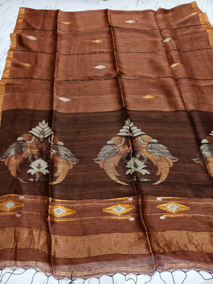 Moyna mustard Brown silk linen saree with Resham palla and intricate Meenakari Jamdani handwoven detailing with bird motiffs by Rihyaaz