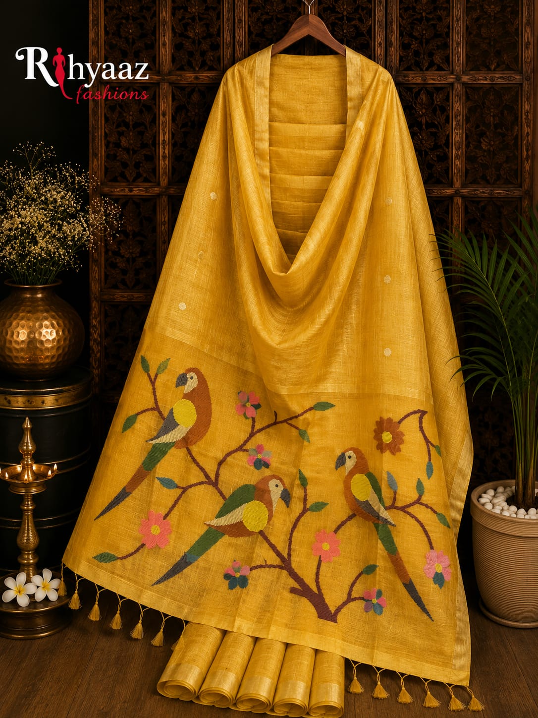 Niharika pure tissue silk linen saree with Paithani pallu and Jamdani hand weaving, featuring BP and Handloom Mark.