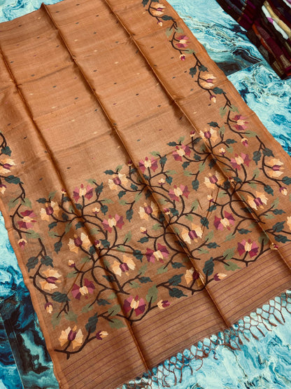 Karabi Pure Gachi Tussar Handwoven Saree with Designer Work Blouse Piece by Rihyaaz, premium handcrafted silk saree for weddings, festive wear, and ethnic occasions.