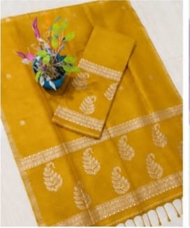 Kairi mustard yellow Pure Silk Linen Jamdani suit with handwoven detailing and net tassel dupatta by Rihyaaz