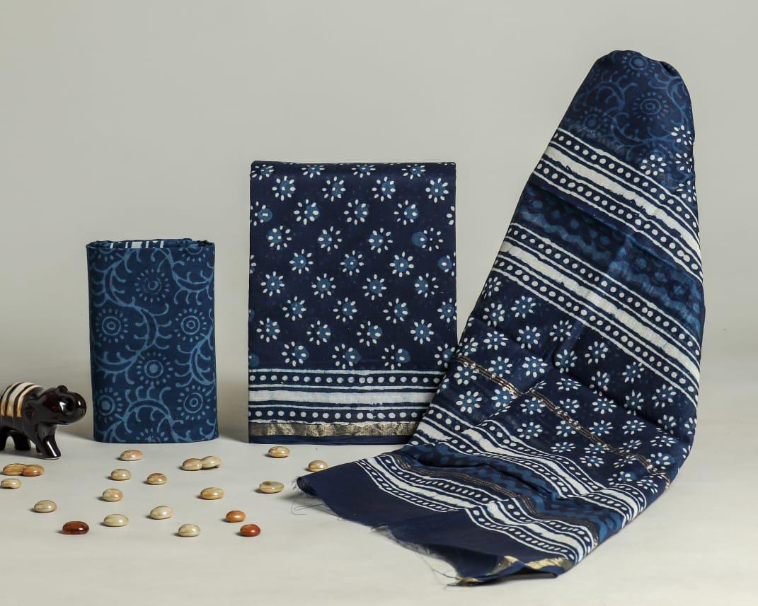 Royal Lady Navy Bagru hand block printed Chanderi silk suit set with pure Chanderi silk dupatta and cotton bottom by Rihyaaz.