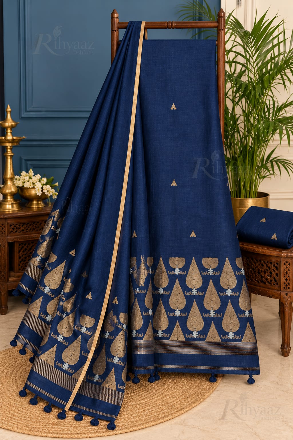 Sikha navy premium Jayshree linen suit with heavy-woven Sona Rupa dual zari weaved Jamdani work by Rihyaaz Fashions.