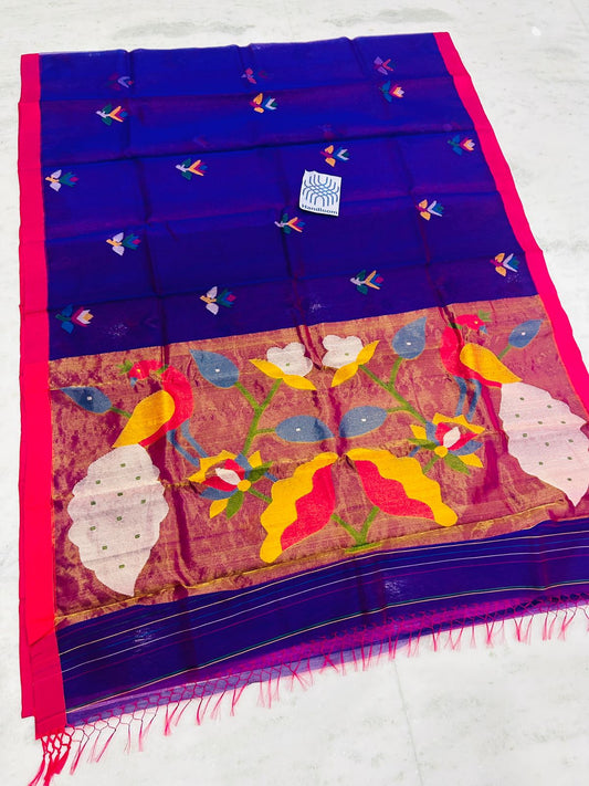 Shahi pure muslin handwoven saree with blouse piece by Rihyaaz, showcasing traditional Indian handloom craftsmanship and elegant woven texture.