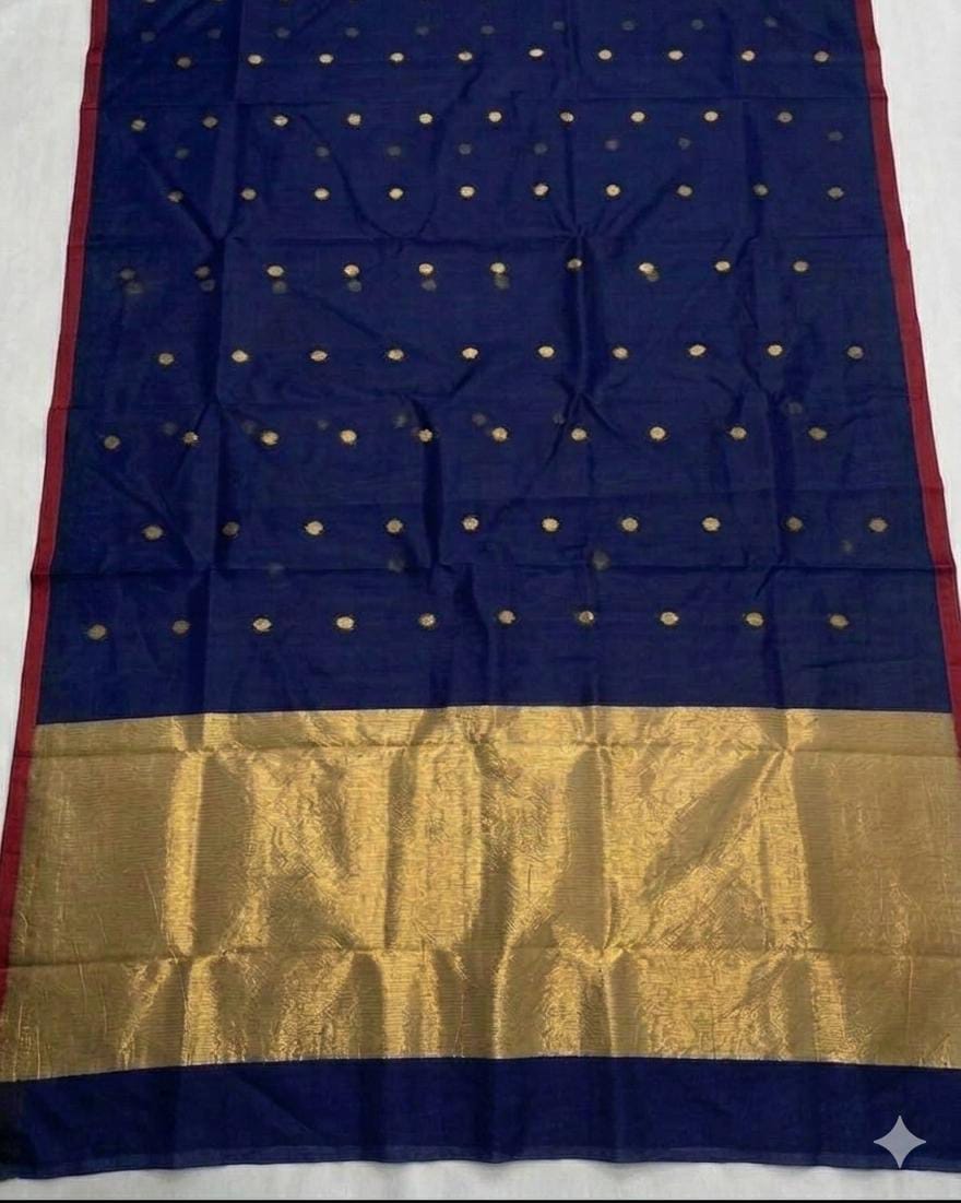 Pure muslin allover zari weaved butti works handwoven saree with zari pallu and a running blouse piece by Rihyaaz.