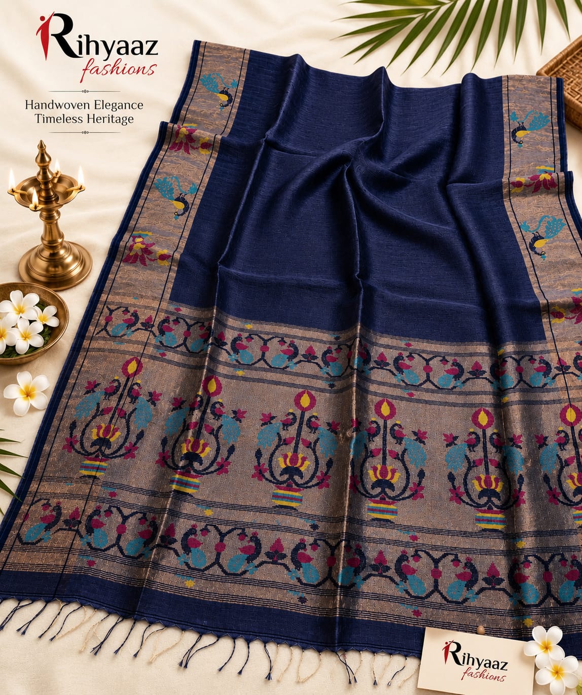 Sutra Silk Linen Intricate Paithani Palla Saree by Rihyaaz featuring exquisite handwoven craftsmanship, luxurious silk linen fabric, detailed Paithani palla, and an elegant traditional design for festive and wedding wear.