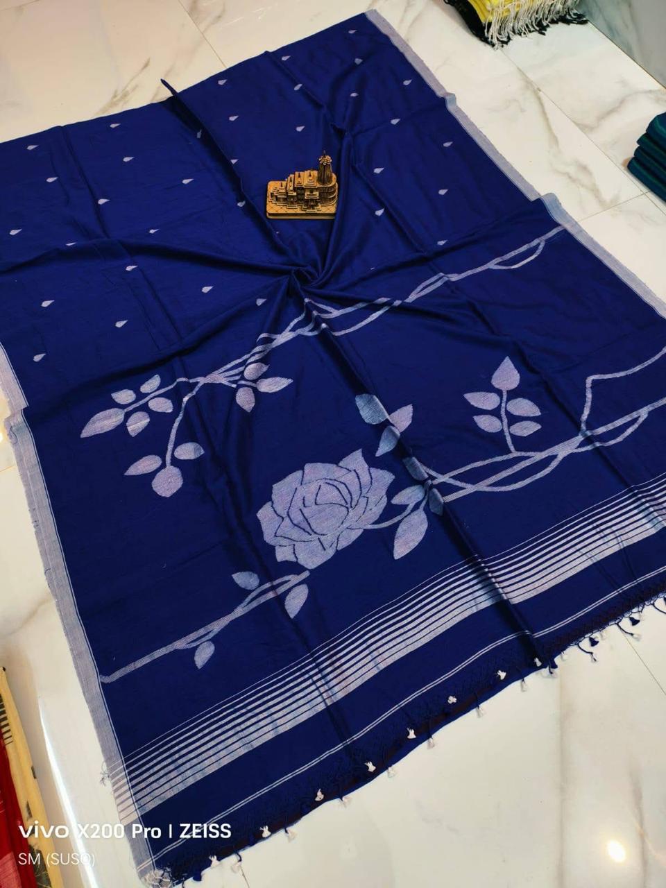 Handwoven Mul Cotton Rose Saree with elegant rose design, blouse piece available – Rihyaaz
