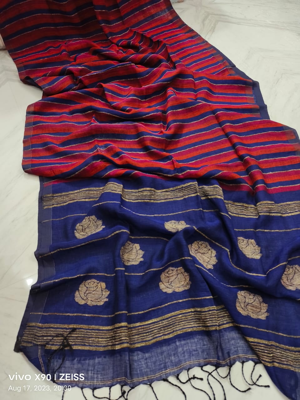 Rose handwoven striped linen saree with elegant woven stripes, rose motifs, and a lightweight traditional handloom texture by Rihyaaz 