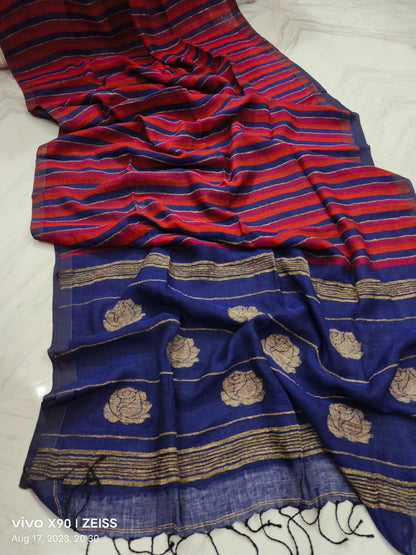 Rose handwoven striped linen saree with elegant woven stripes, rose motifs, and a lightweight traditional handloom texture by Rihyaaz 