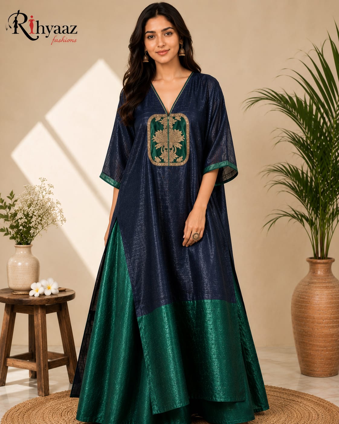 Rebeca Mul by Raw Silk Khaduwa weaving unstitched kaftan, elegant handcrafted Indian ethnic wear by Rihyaaz, suitable up to 56 inch chest.