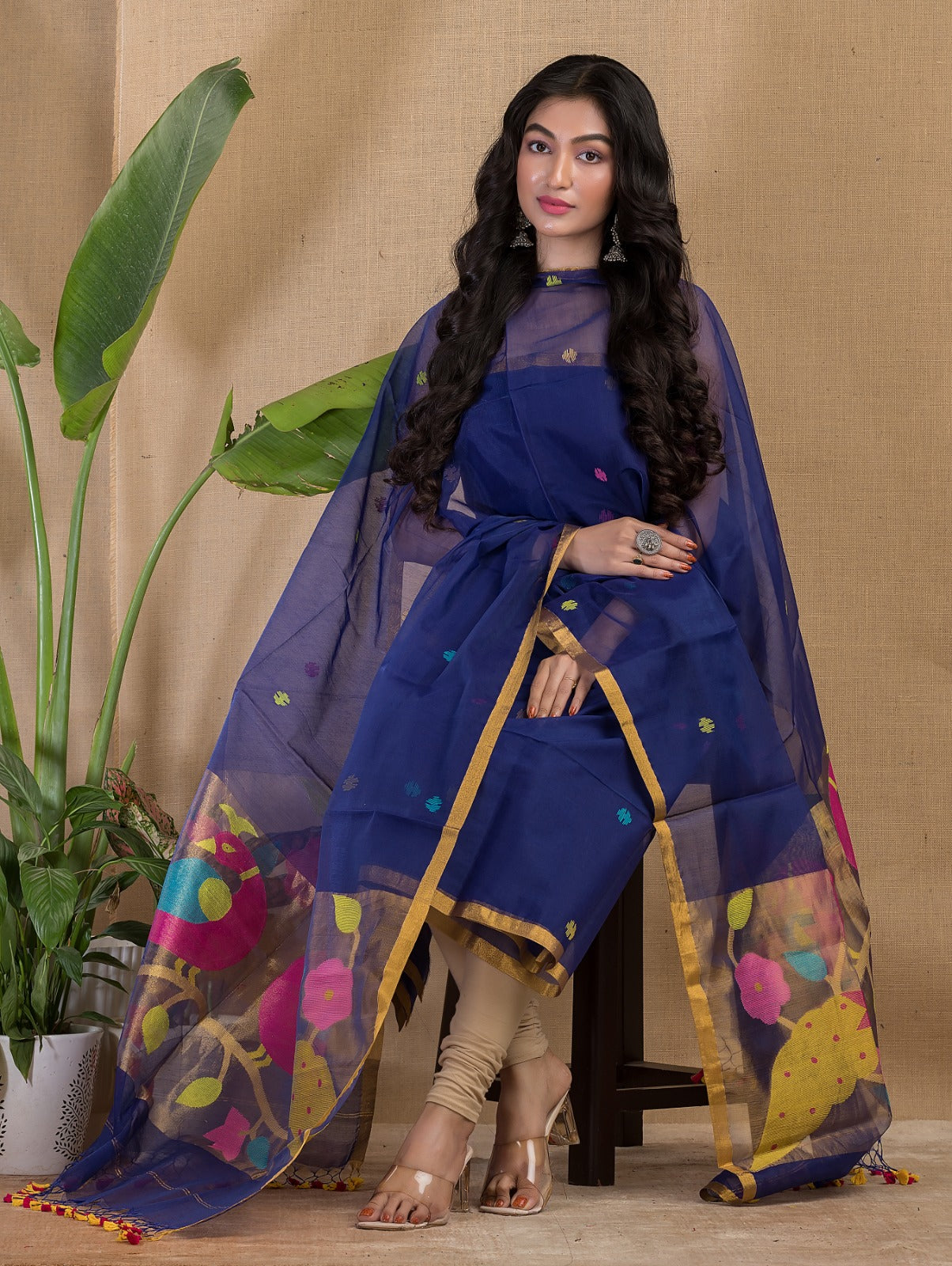 Rihyaaz Muslin Peacock Motif Paithani Jamdani handwoven suit with 2.5 meter top and tassel detailed dupatta