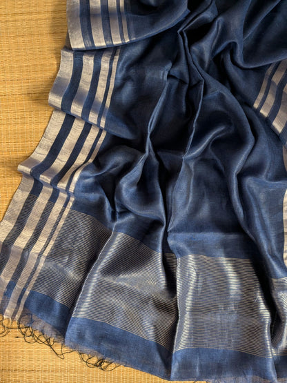 Navy Pure 100-count Jayashree linen saree with tested zari double border on both sides and zari palla, including running blouse piece from Rihyaaz Fashions.