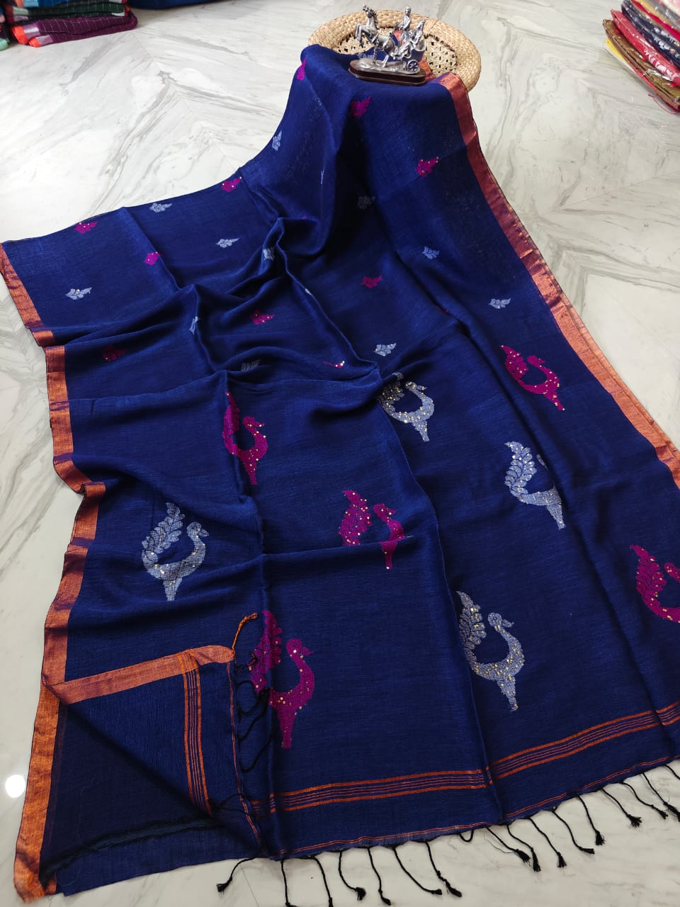 Exclusive Pure Linen by Linen Peacock Jamdani handwoven saree with all-over body Mina work and running blouse piece by Rihyaaz