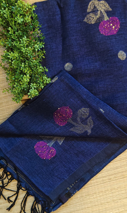 Rukh Pure Linen by Linen handwoven floral motif Jamdani saree with sequence work on motifs and pallu, needlework butta and blouse piece by Rihyaaz