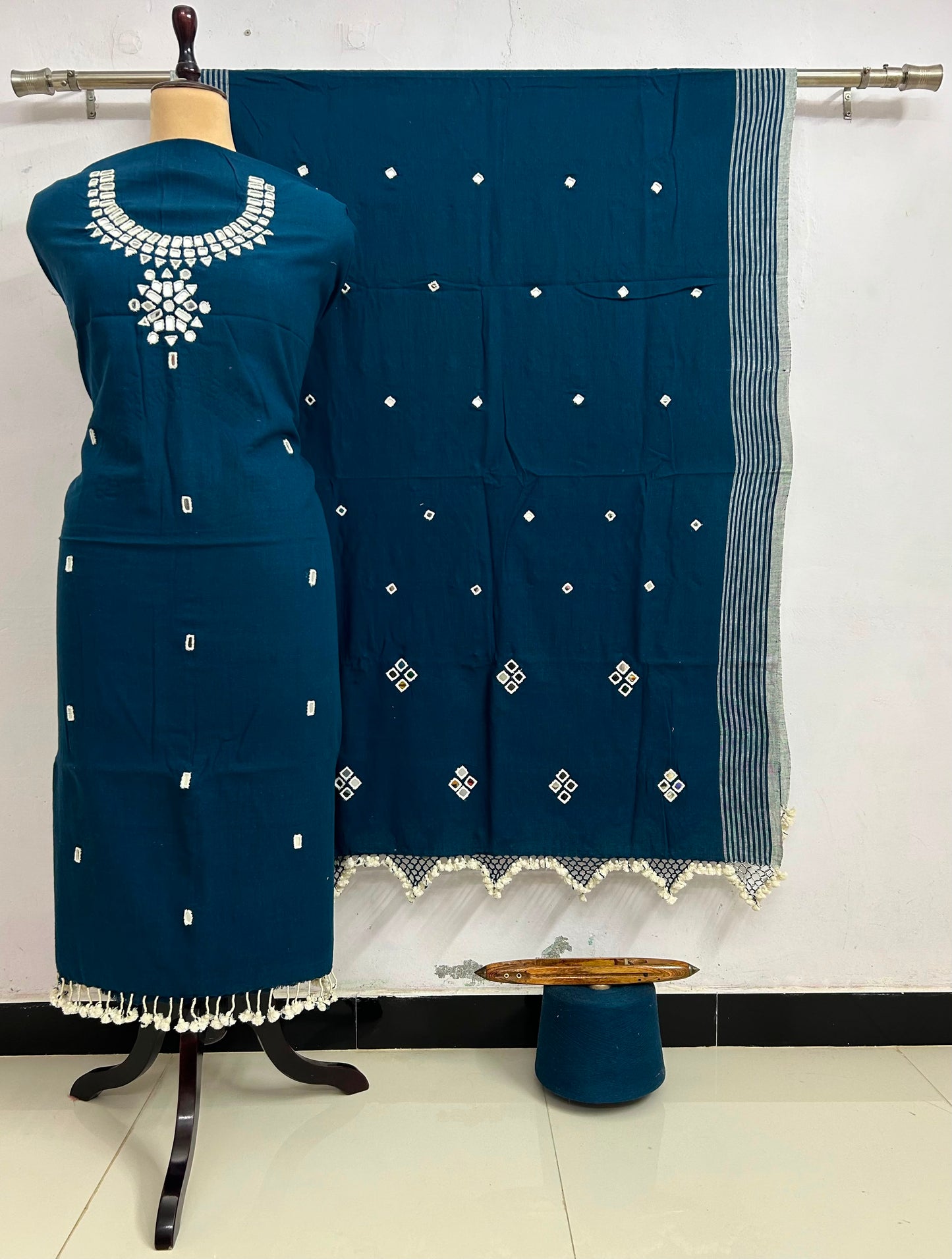 Ahir - Designer Kala Cotton 3 Piece Suit Set by Rihyaaz featuring handcrafted Ahir embroidery, breathable sustainable Kala Cotton fabric, matching kurta, pants and dupatta for elegant ethnic wear.