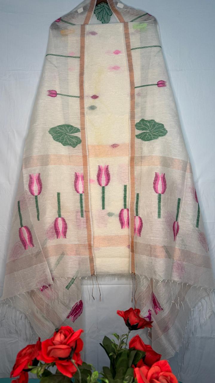 Vaidehi linen silk needle-weaved Jamdani suit with dupatta by Rihyaaz