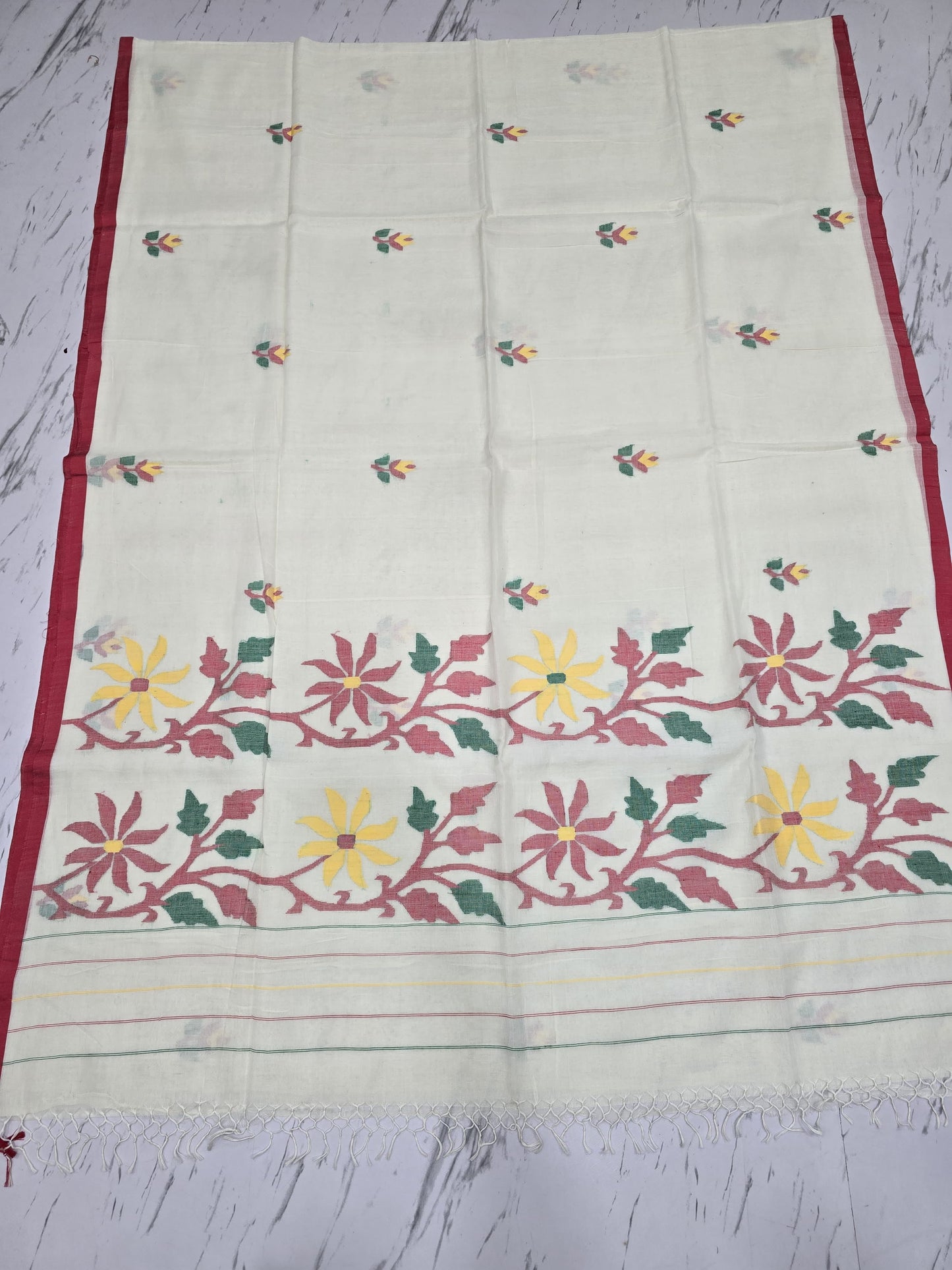Alka handspun cotton needle Jamdani saree by Rihyaaz, featuring intricate handwoven Jamdani detailing and traditional Indian handloom craftsmanship.