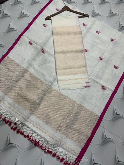 Nethra linen zari patta Jamdani suit by Rihyaaz, featuring a refined linen texture, delicate zari patta detailing and elegant traditional Jamdani craftsmanship.