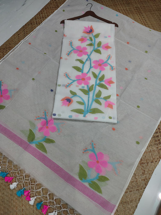 Joba Maslin Jamdani handwoven suit with 2.5-meter top and 2.5-meter tassel-finished dupatta by Rihyaaz.