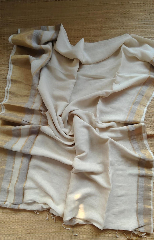 Revathi Pure Jayashree Linen Handwoven Saree by Rihyaaz with elegant dual border, zari stripe pallu, premium linen weave, lightweight handcrafted ethnic saree for festive and occasion wear.