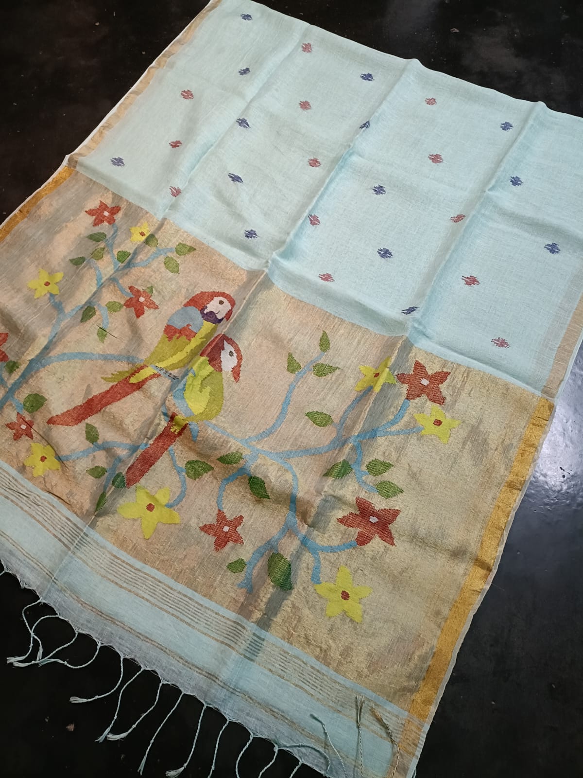 Kakatua Pure Linen Paithani Saree by Rihyaaz with matching blouse piece, elegant Paithani weave, premium linen fabric, custom colour options available, handcrafted ethnic wear.