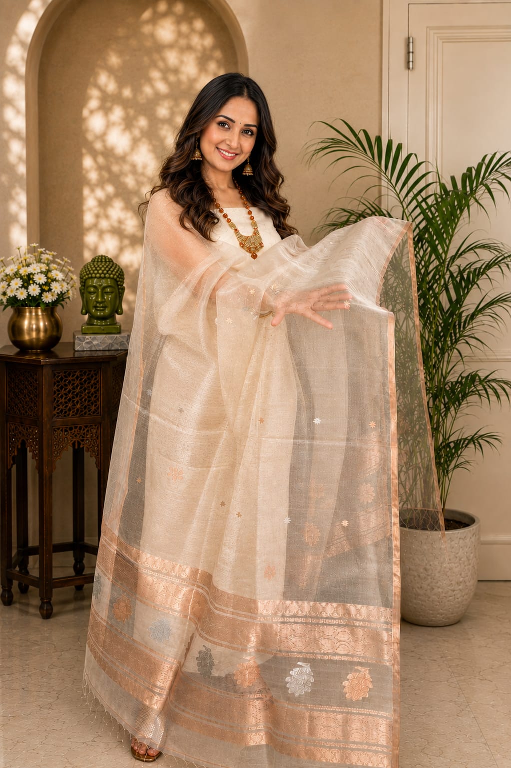 𝓝𝓮𝓮𝓿𝓪 Pure Resham by Linen lotus weaved suit paired with a resham dual zari handwoven dupatta by Rihyaaz, showcasing intricate Indian handloom craftsmanship and elegant festive ethnic design.