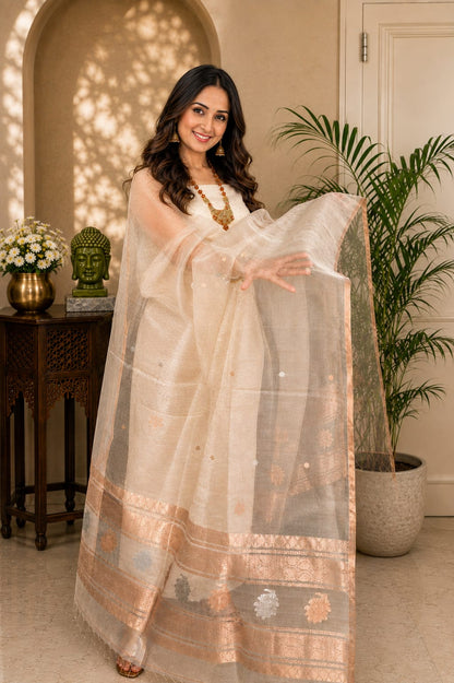𝓝𝓮𝓮𝓿𝓪 Pure Resham by Linen lotus weaved suit paired with a resham dual zari handwoven dupatta by Rihyaaz, showcasing intricate Indian handloom craftsmanship and elegant festive ethnic design.