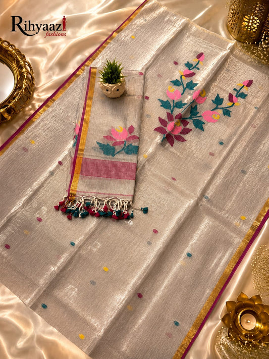 Nayaab tissue silk linen needle Jamdani suit and dupatta by Rihyaaz, festive handwoven collection
