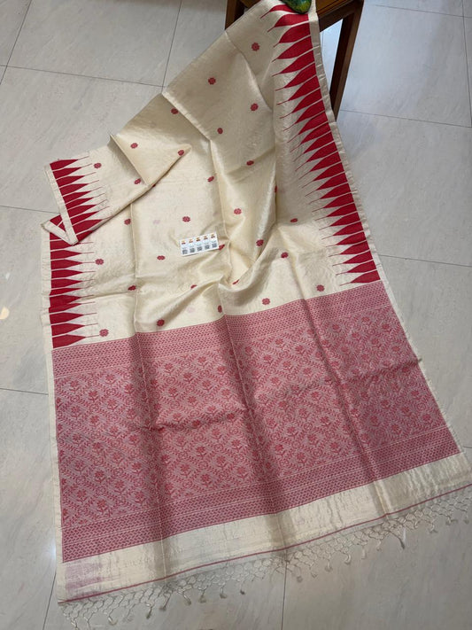 Authentic Pure Bengal Gachhi Tussar 3-Ply Traditional Jamdani Handloom Saree by Rihyaaz with running blouse piece and Government Silk Mark Tag.