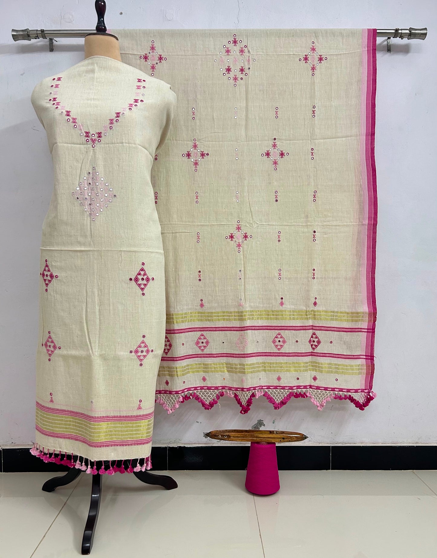Ahir - Designer Kala Cotton 3 Piece Suit Set by Rihyaaz featuring handcrafted Ahir embroidery, breathable sustainable Kala Cotton fabric, matching kurta, pants and dupatta for elegant ethnic wear.