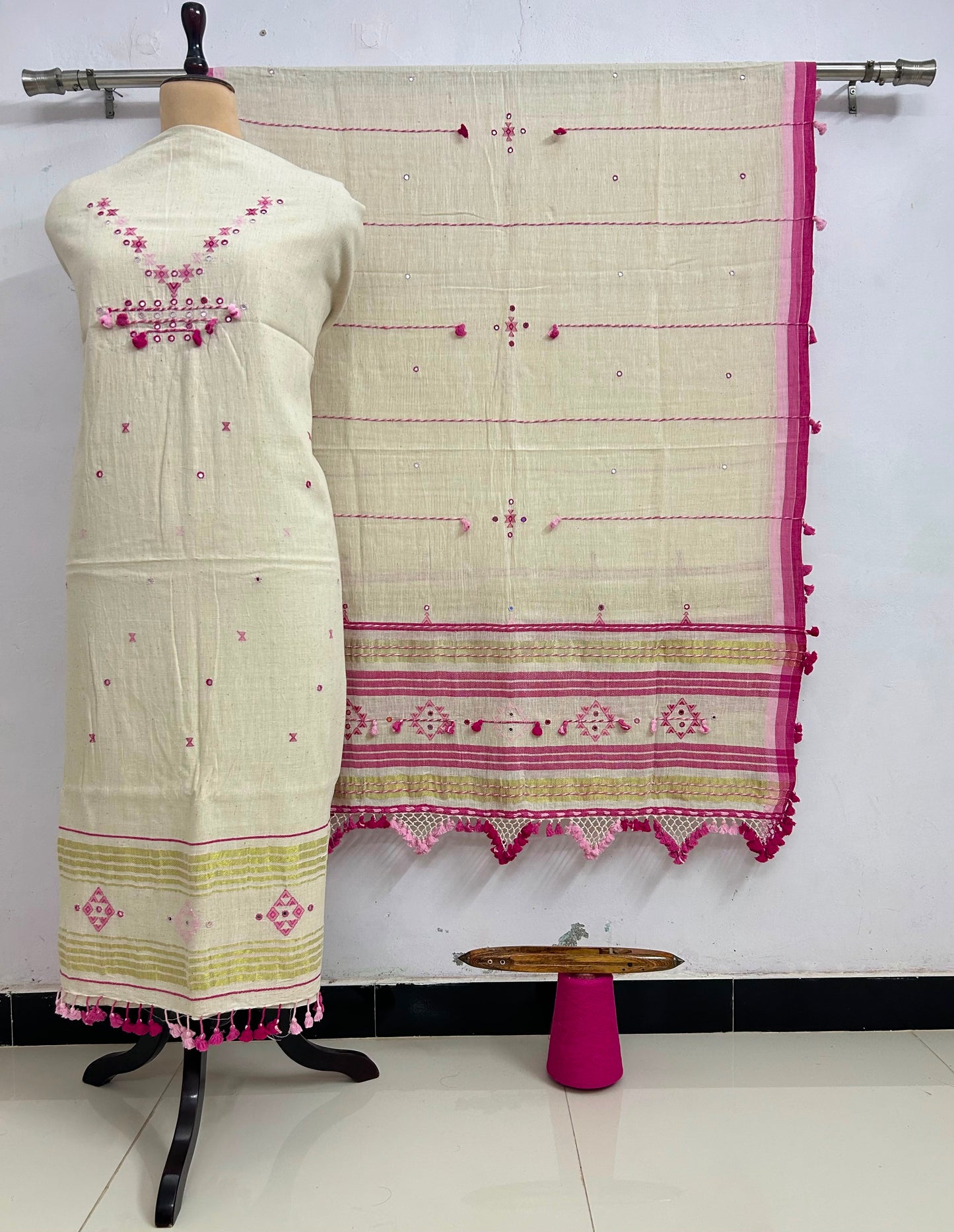 Fumka - handwoven Kapas Bhujodi 3 piece suit set with intricate mirror detailing, artisan woven kurta, matching bottoms and dupatta by Rihyaaz in sustainable handcrafted ethnic wear.