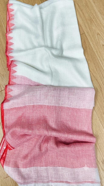 Off white Pure silk Jayashree linen saree with traditional temple border, striped palla and running blouse piece by Rihyaaz Fashions.