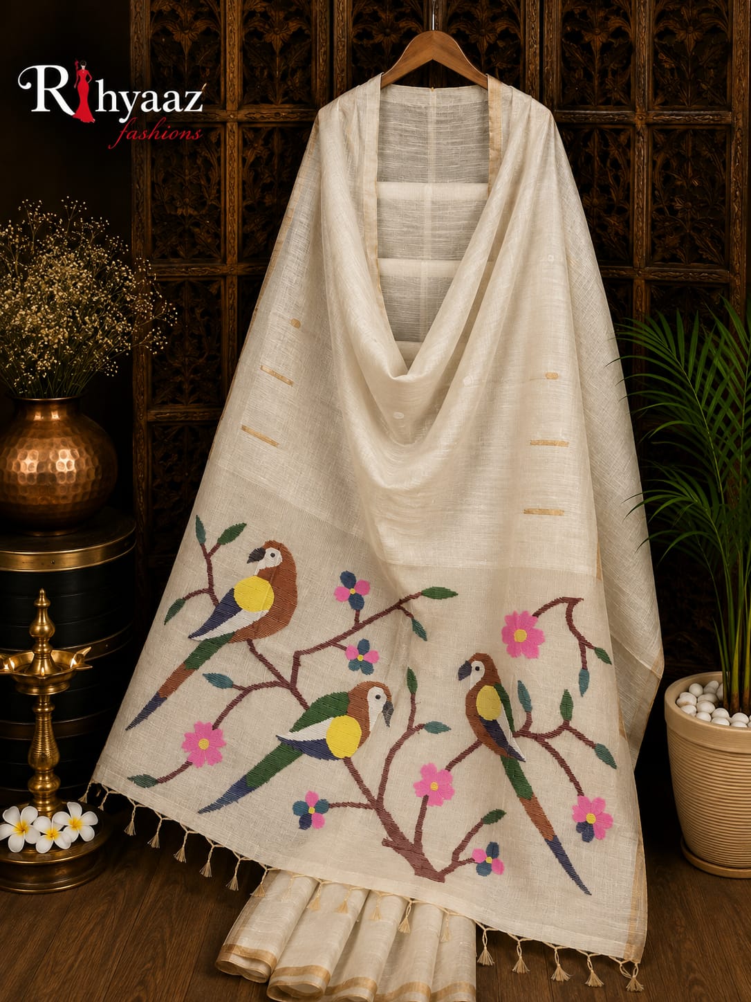 Niharika pure tissue silk linen saree with Paithani pallu and Jamdani hand weaving, featuring BP and Handloom Mark.