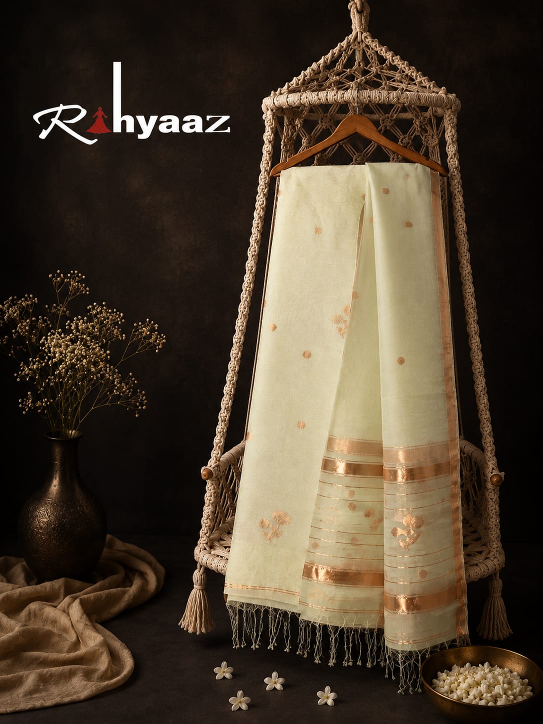 Lipi offwhite Resham Linen Zari Jamdani suit with zari border and heavy palla Resham dupatta by Rihyaaz