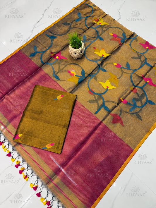 Dhara olive all-over floral weaved needle Jamdani woven tassel dupatta with muslin tissue suit, handcrafted Rihyaaz ethnic wear collection.