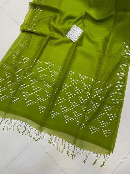 Tri Resham silk saree featuring intricate allover pocket weaving and elegant sequin detailing, showcasing traditional craftsmanship with a luxurious festive look, with Government Silk Mark — Rihyaaz.