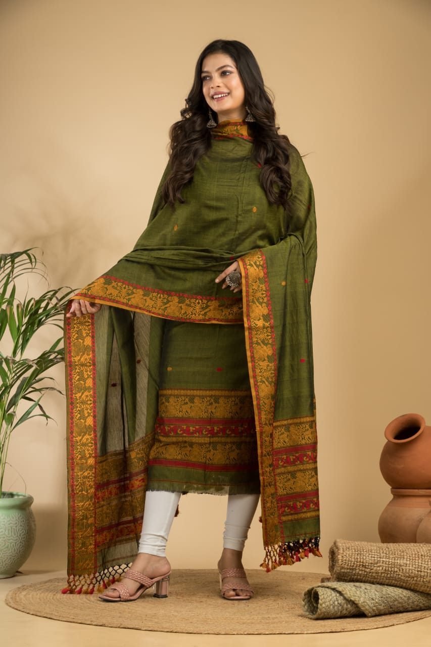 Rihyaaz Olive cotton Baluchari suit set with 2.5 meter top and 2.5 meter tassel dupatta, elegant traditional ethnic wear for women.