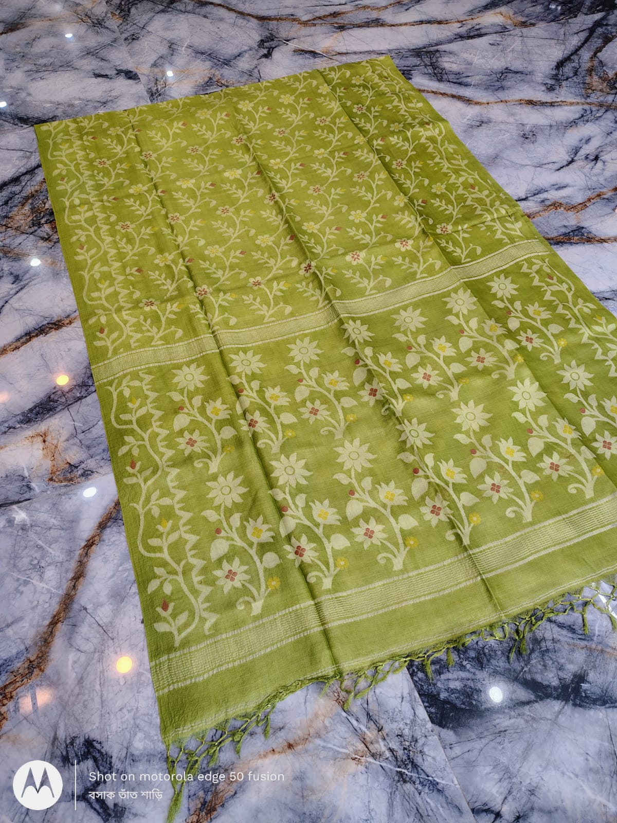 Silkmark certified Olive Bengal handloom Tussar tie and dye Allover Floral motif saree with an all-over tie-dye pattern, elegant contrast border, and blouse piece Exclusively by Rihyaaz.