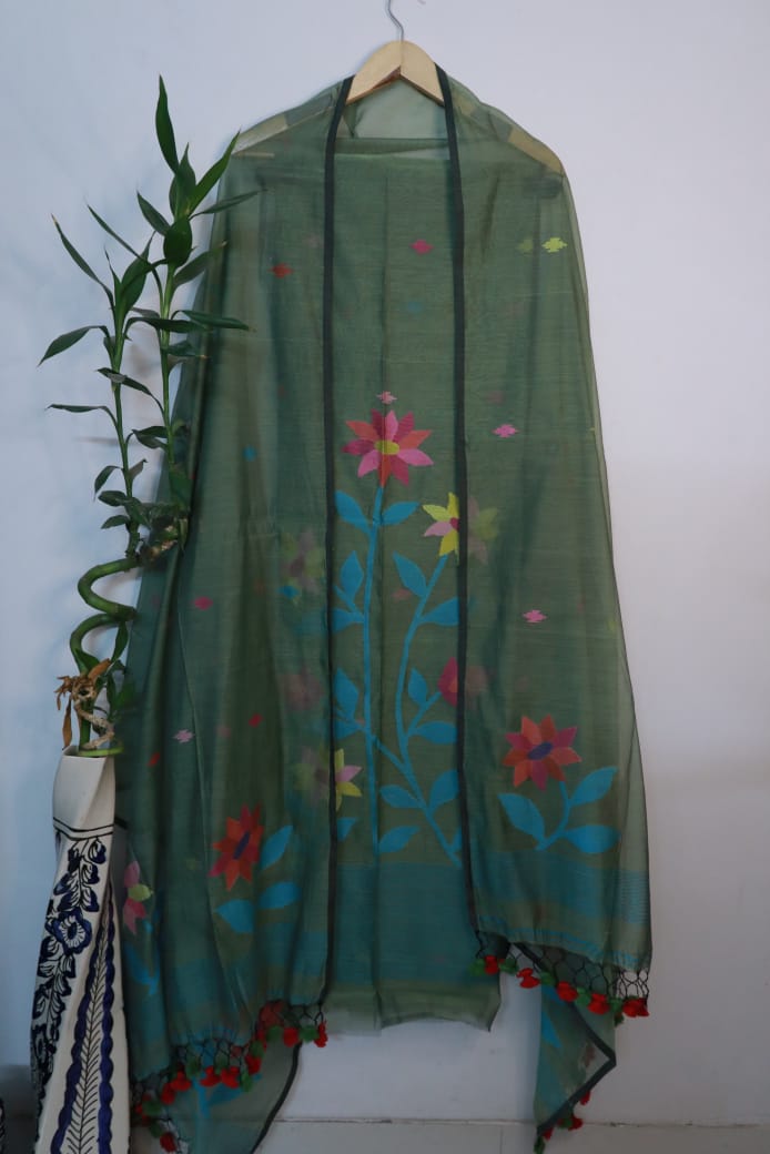 Tinka Floral multicolour cotton muslin Jamdani suit with intricate woven patterns by Rihyaaz