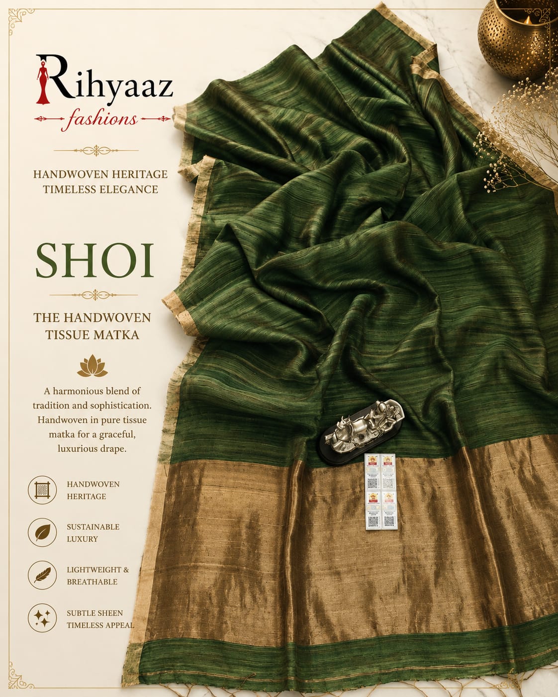 Shoi Inchi Par Tissue Resham Matka saree with elegant traditional border and running blouse piece by Rihyaaz.