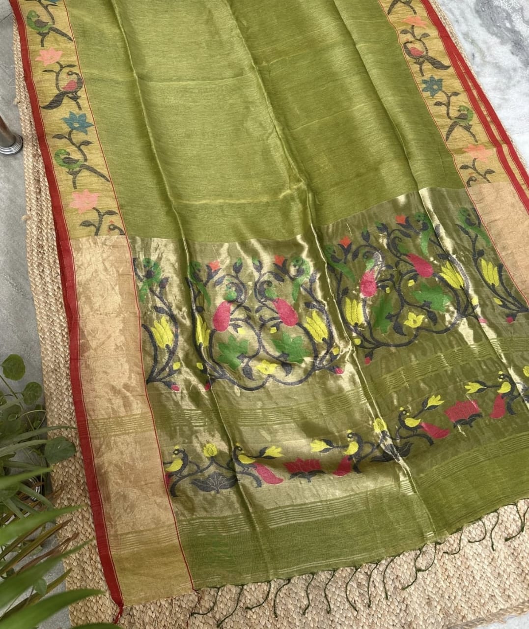 Kheya silk linen Pita zari Paithani saree by Rihyaaz Fashions, featuring traditional zari weaving and elegant handloom detailing.