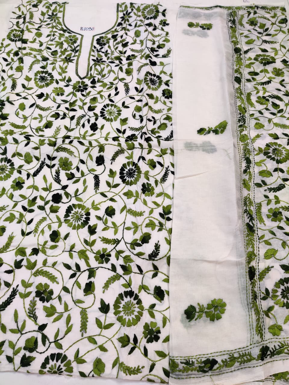 Rihyaaz Olive Hand Parsi pure cotton 3-piece suit material with 2.5 metre kameez, pant and dupatta fabric, elegant ethnic cotton dress material.