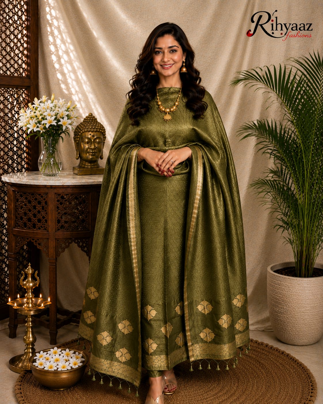 Noorie Silk Mark Certified Kora Palla Linen Silk Khaduwa Weaving Suit with intricate handwoven detailing, 2.5 mtr top and dupatta by Rihyaaz Fashions.