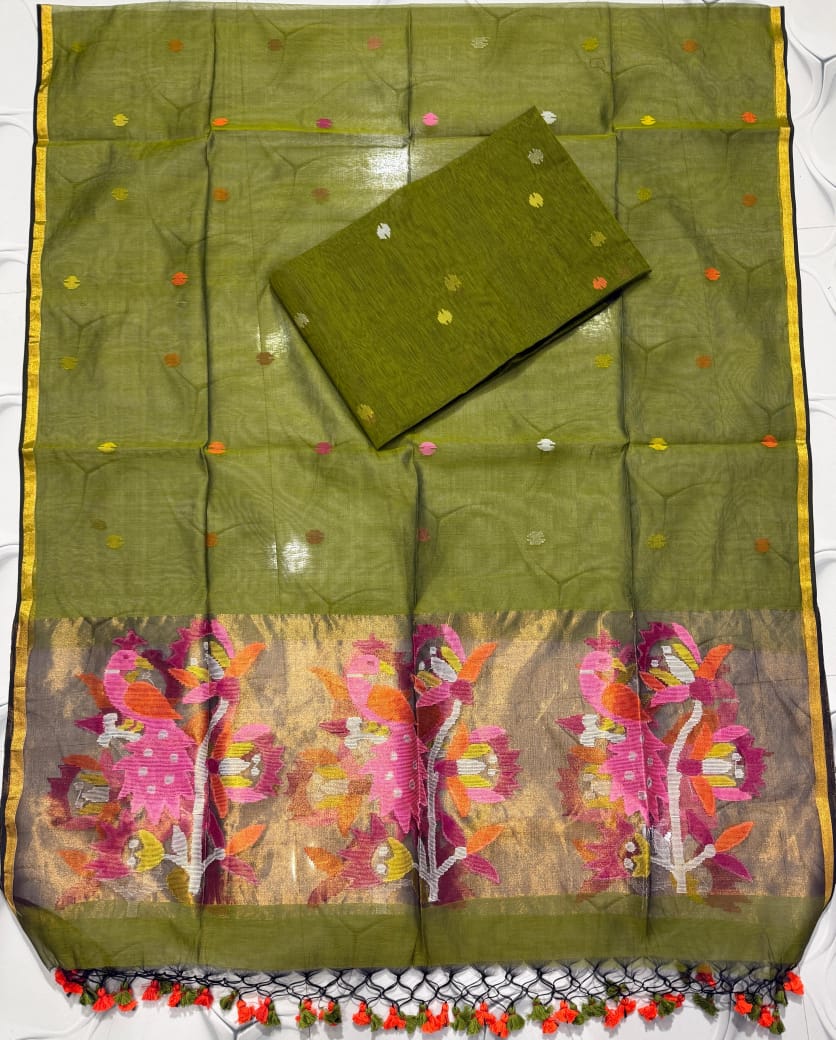 Morni olive premium muslin tissue suit with intricate needle work Jamdani palla Peacock Motif dupatta by Rihyaaz.