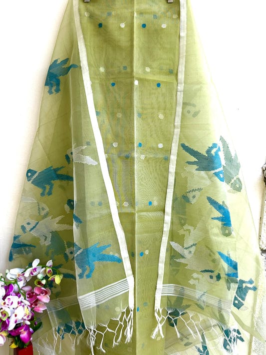 Chidiya muslin woven suit with zari and silk weaving, featuring polka dot motifs on the top by Rihyaaz Fashions.