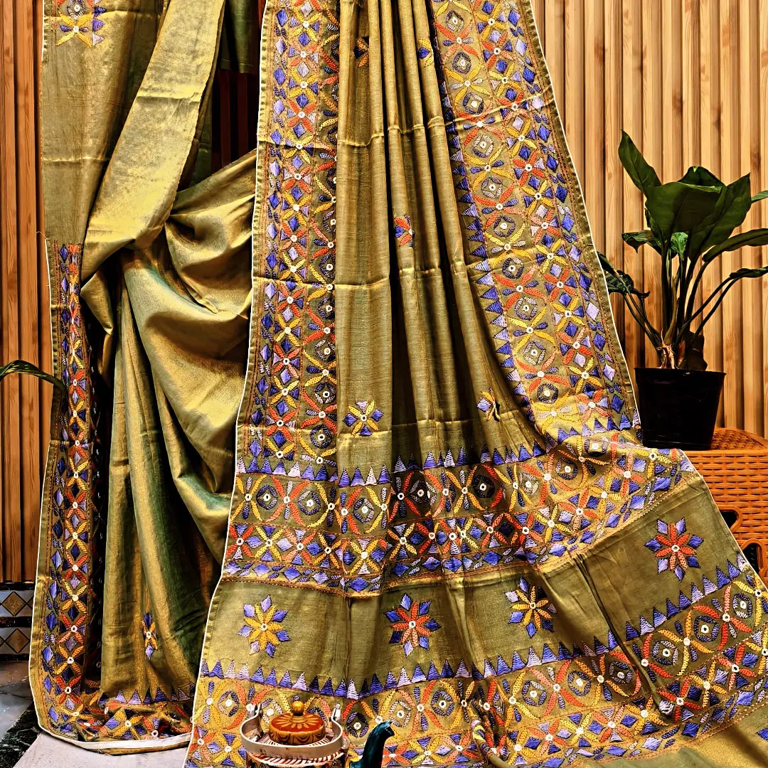 Satrangi Pure Handloom Raga Tissue Saree with handcrafted Kathiyawadi embroidery by Rihyaaz, luxury festive handwoven ethnic saree.