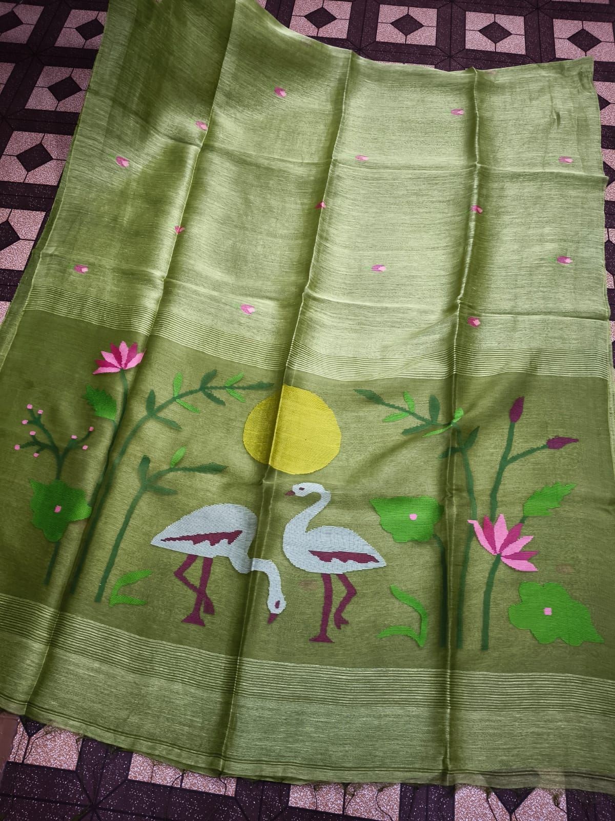 Kanika pure Jayasree silk linen saree with handwoven needlework Jamdani, pure Resham palla, all-over motifs and running blouse piece by Rihyaaz Fashions