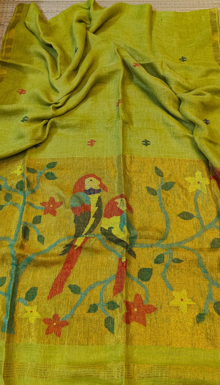 Kakatua Pure Linen Paithani Saree by Rihyaaz with matching blouse piece, elegant Paithani weave, premium linen fabric, custom colour options available, handcrafted ethnic wear.