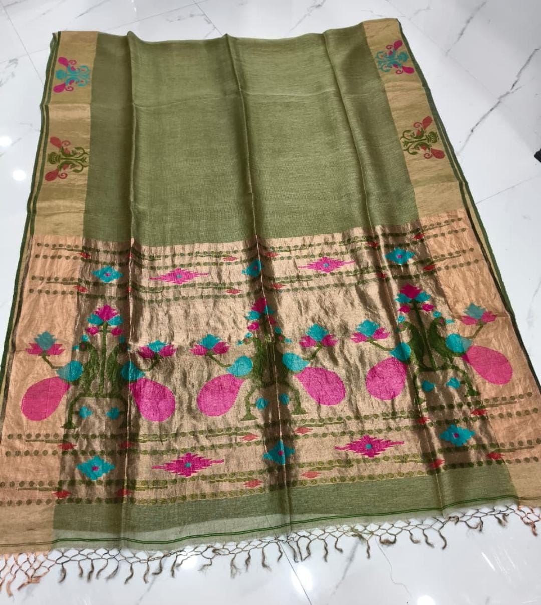 Mayeri Pure Linen Tissue Silk Jamdani Saree with beautiful double-side borders and blouse piece, colour customisation available | Rihyaaz