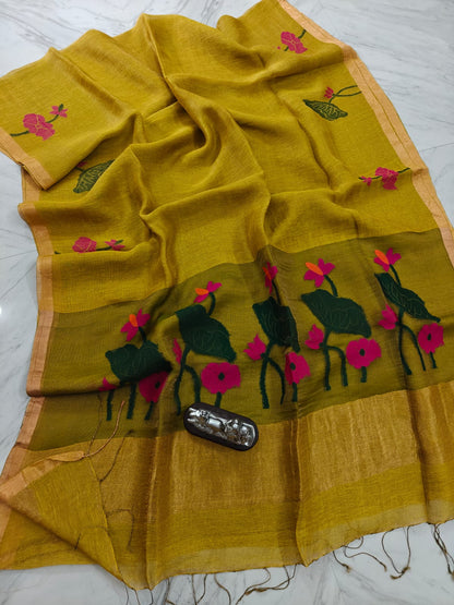 Muslin Silk linen floral motifs zari weaved Needle work jamdani saree by Rihyaaz 